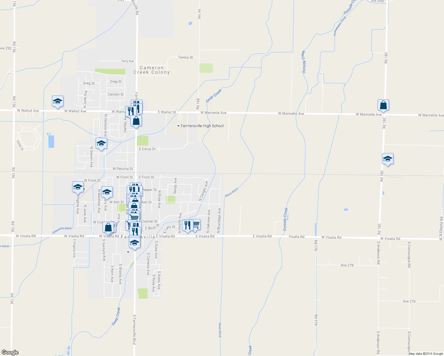 map of restaurants, bars, coffee shops, grocery stores, and more near 852 North Brundage Avenue in Farmersville