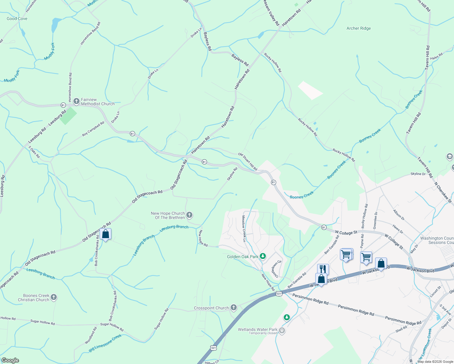 map of restaurants, bars, coffee shops, grocery stores, and more near 154 Skyline Road in Jonesborough