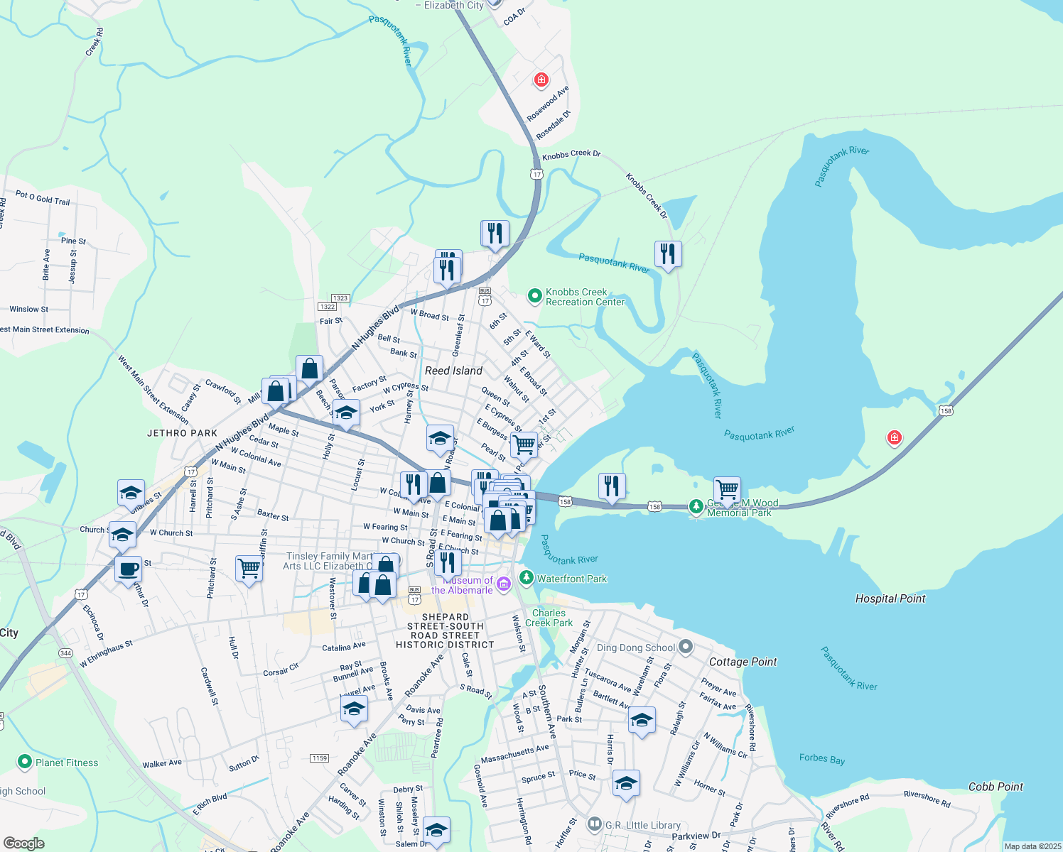 map of restaurants, bars, coffee shops, grocery stores, and more near 707 1st Street in Elizabeth City