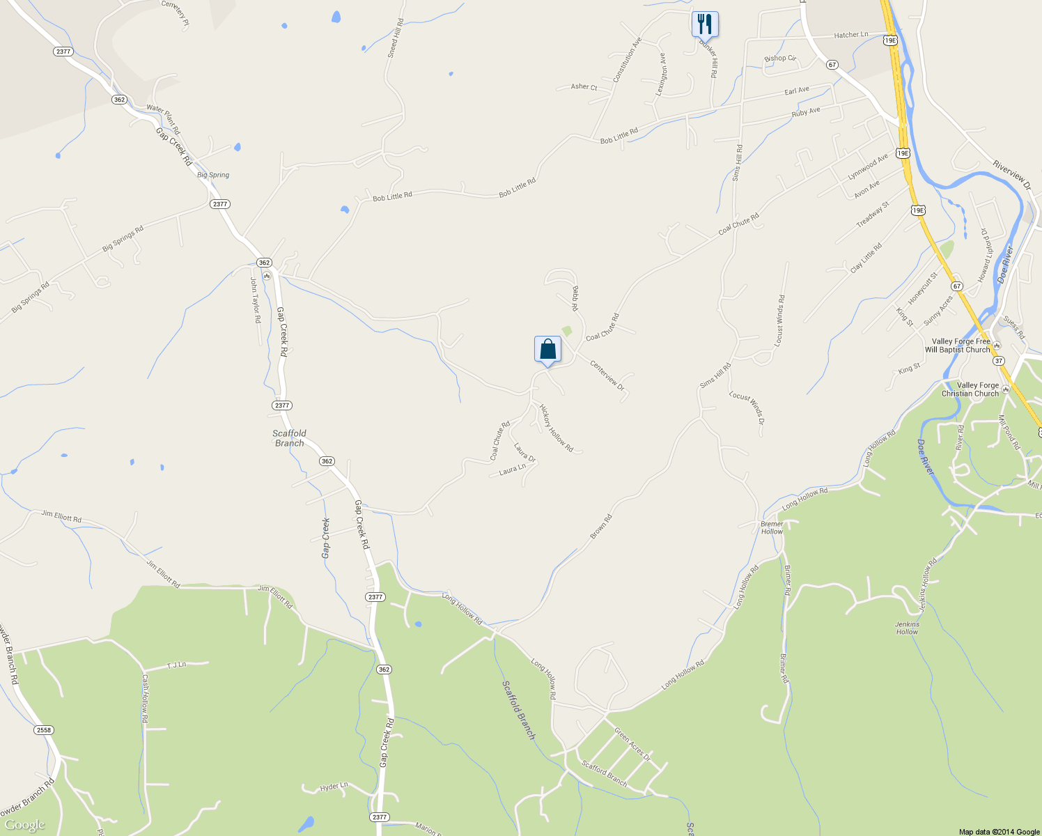 map of restaurants, bars, coffee shops, grocery stores, and more near 293 Coal Chute Road in Elizabethton