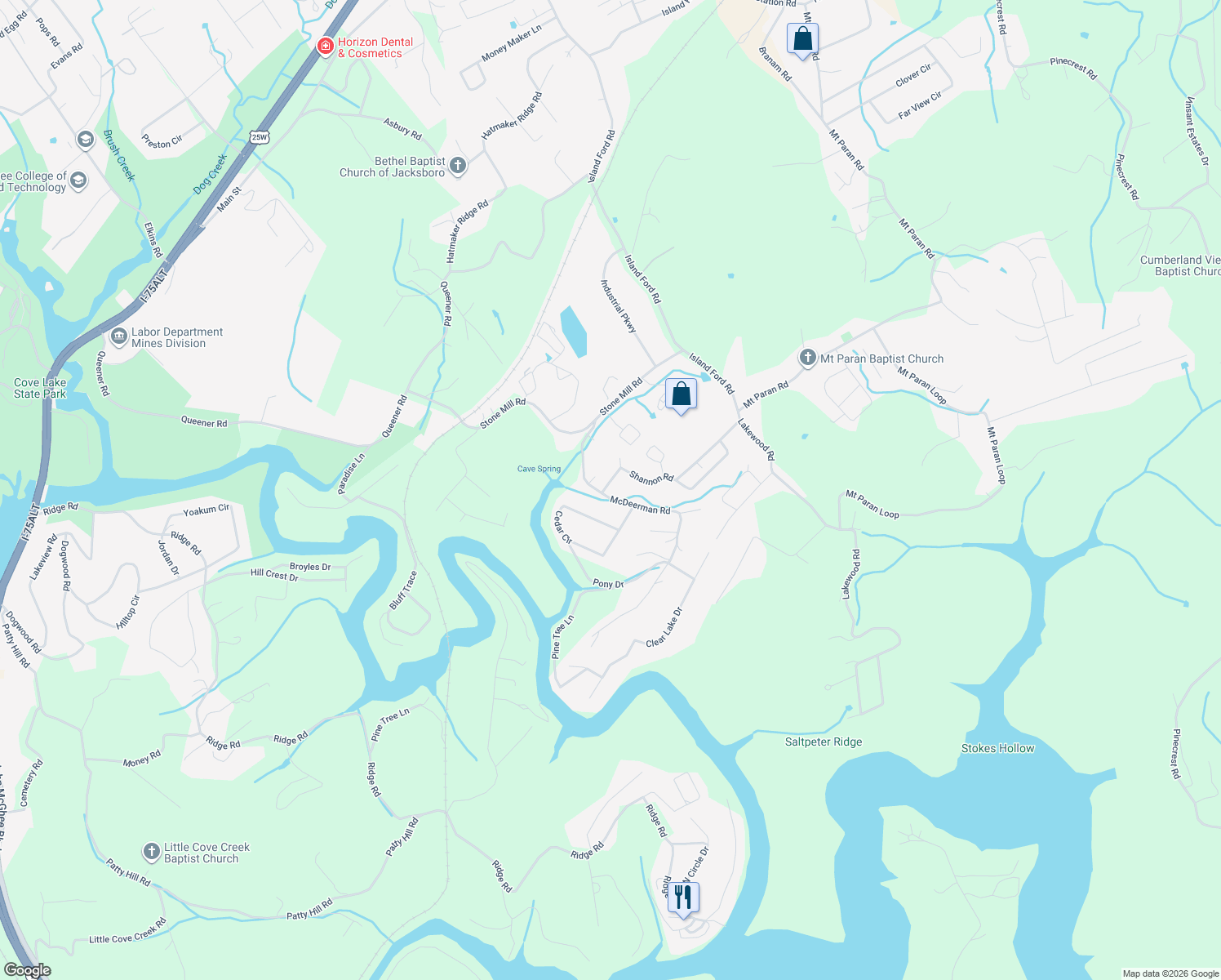 map of restaurants, bars, coffee shops, grocery stores, and more near 357 Shannon Road in Jacksboro