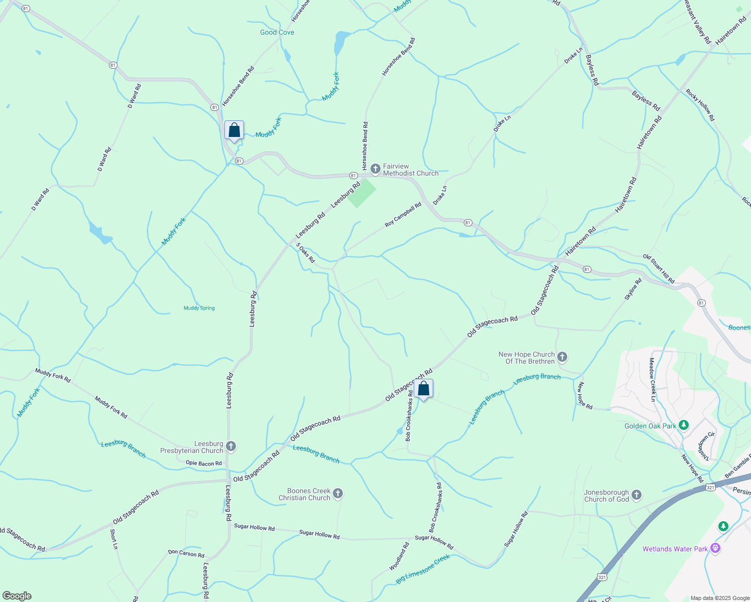 map of restaurants, bars, coffee shops, grocery stores, and more near 132 Smith Lane in Jonesborough