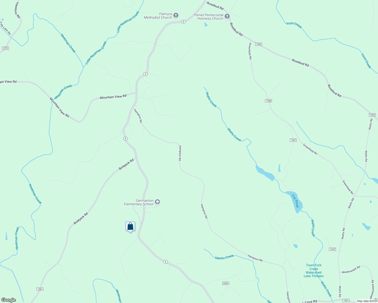 map of restaurants, bars, coffee shops, grocery stores, and more near 2040 Hampton Road in Germanton