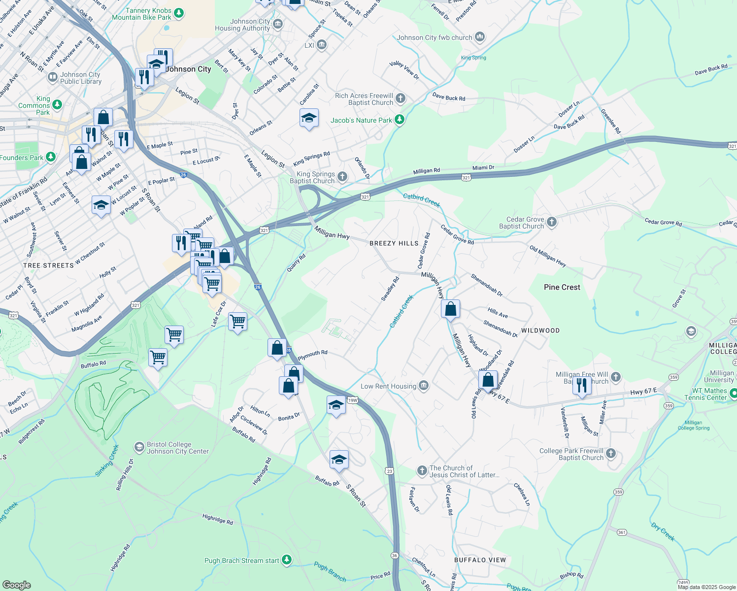 map of restaurants, bars, coffee shops, grocery stores, and more near 198 Mize Lane in Johnson City