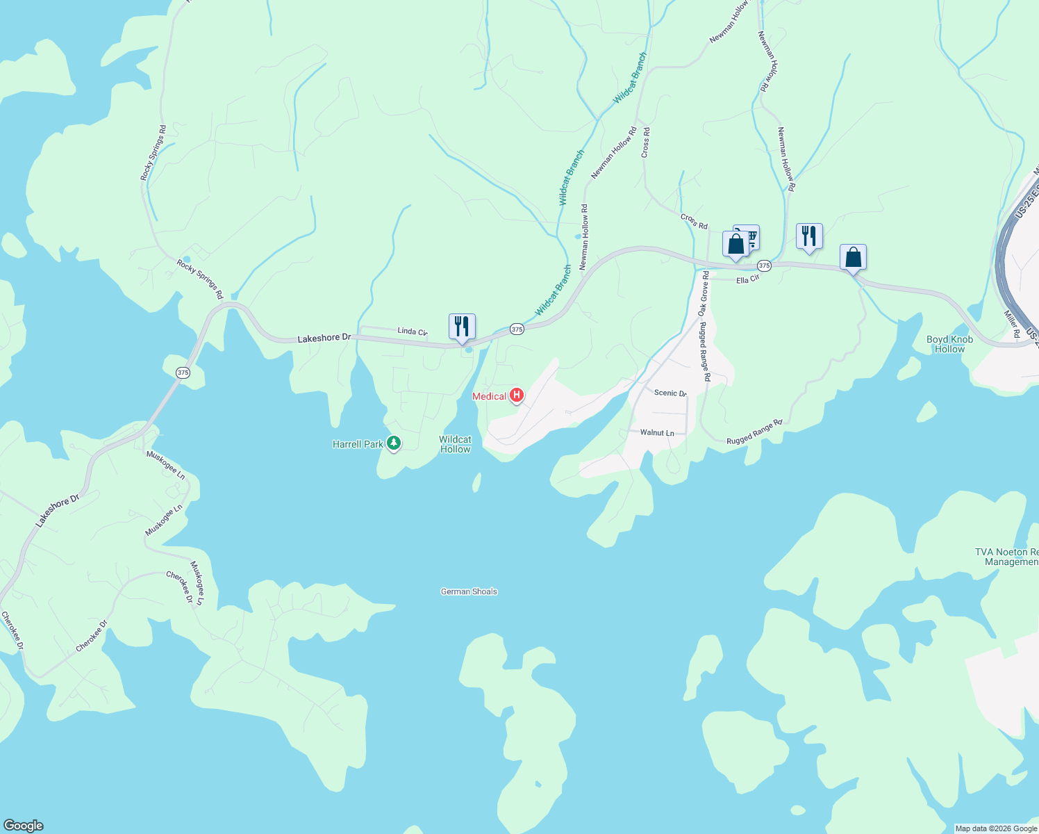 map of restaurants, bars, coffee shops, grocery stores, and more near 195 Simpson Lane in Bean Station