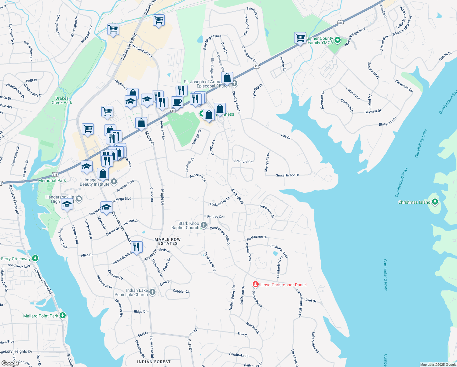map of restaurants, bars, coffee shops, grocery stores, and more near Bonita Parkway in Hendersonville