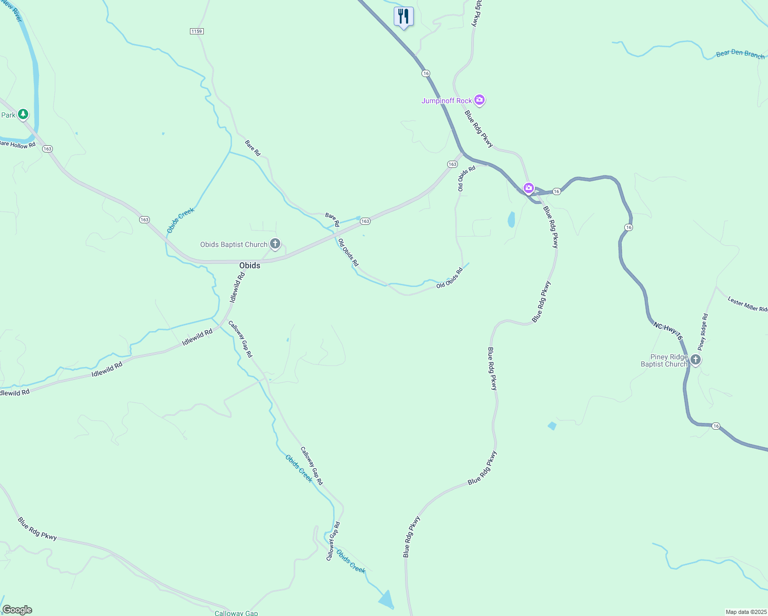 map of restaurants, bars, coffee shops, grocery stores, and more near 1025 Old Obids Road in West Jefferson