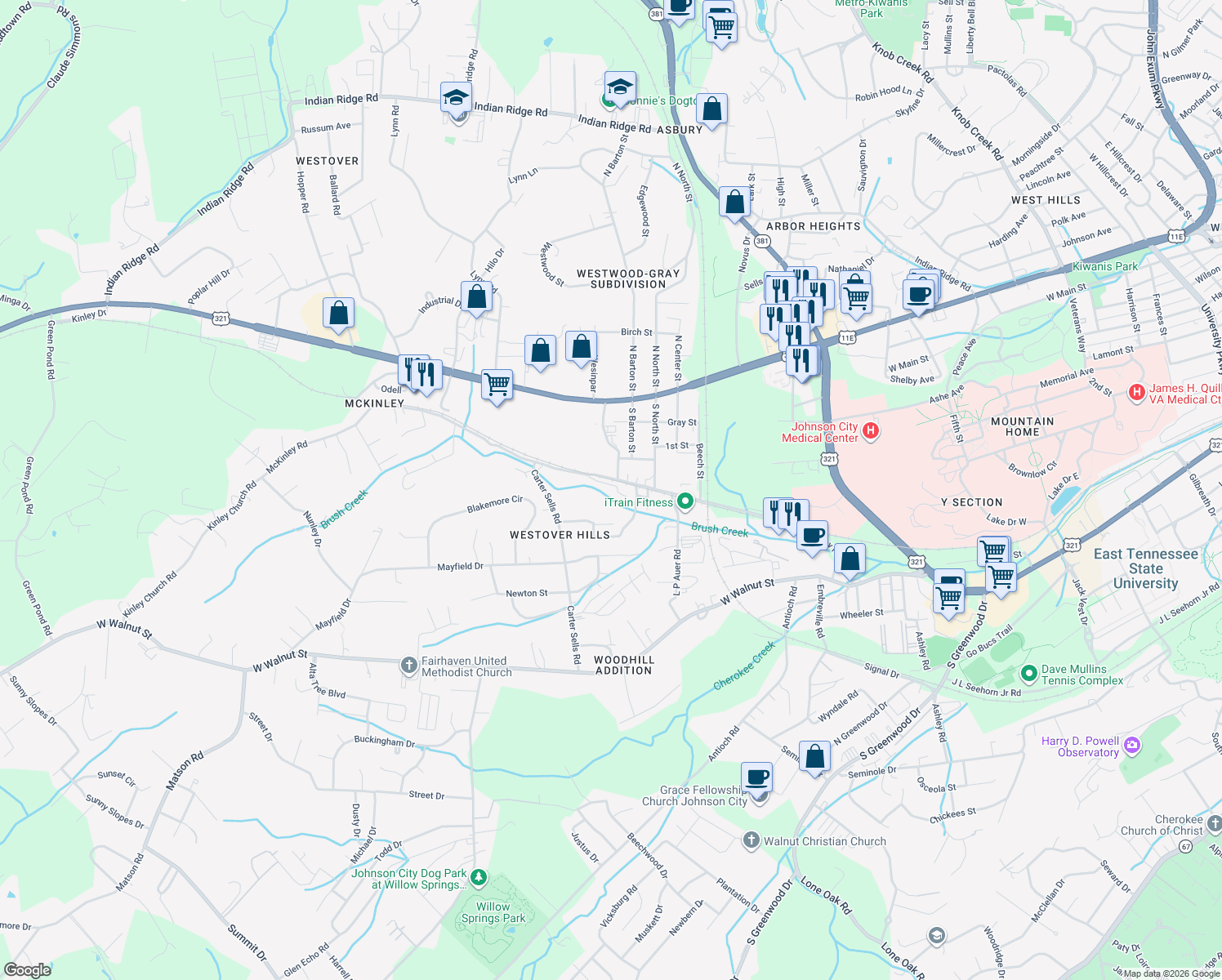 map of restaurants, bars, coffee shops, grocery stores, and more near 2801 McKinley Road in Johnson City