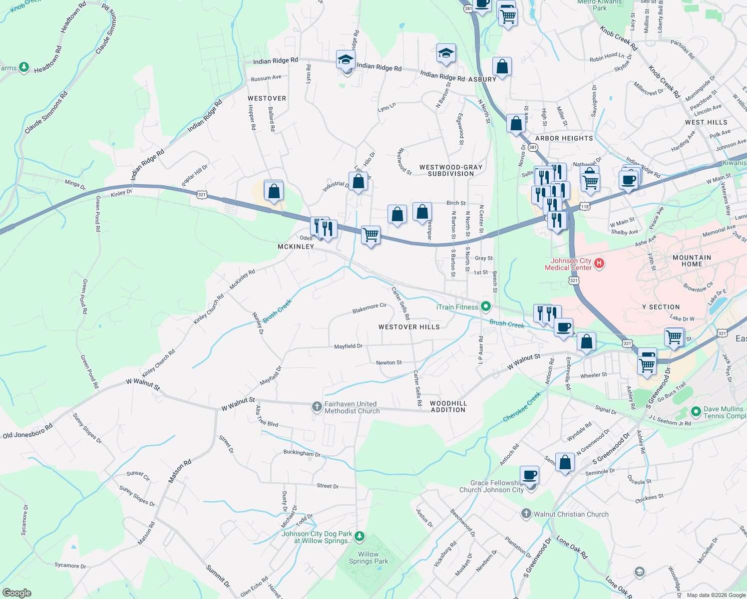 map of restaurants, bars, coffee shops, grocery stores, and more near 140 Blakemore Circle in Johnson City