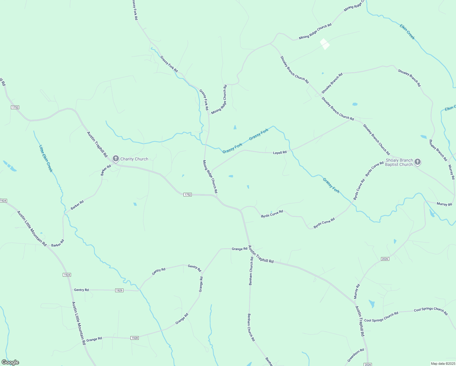 map of restaurants, bars, coffee shops, grocery stores, and more near 214 Mining Ridge Church Road in Elkin