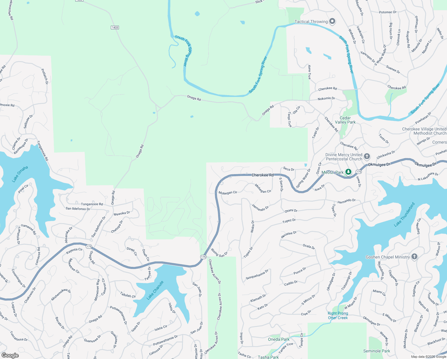 map of restaurants, bars, coffee shops, grocery stores, and more near 4 Ackia Circle in Cherokee Village