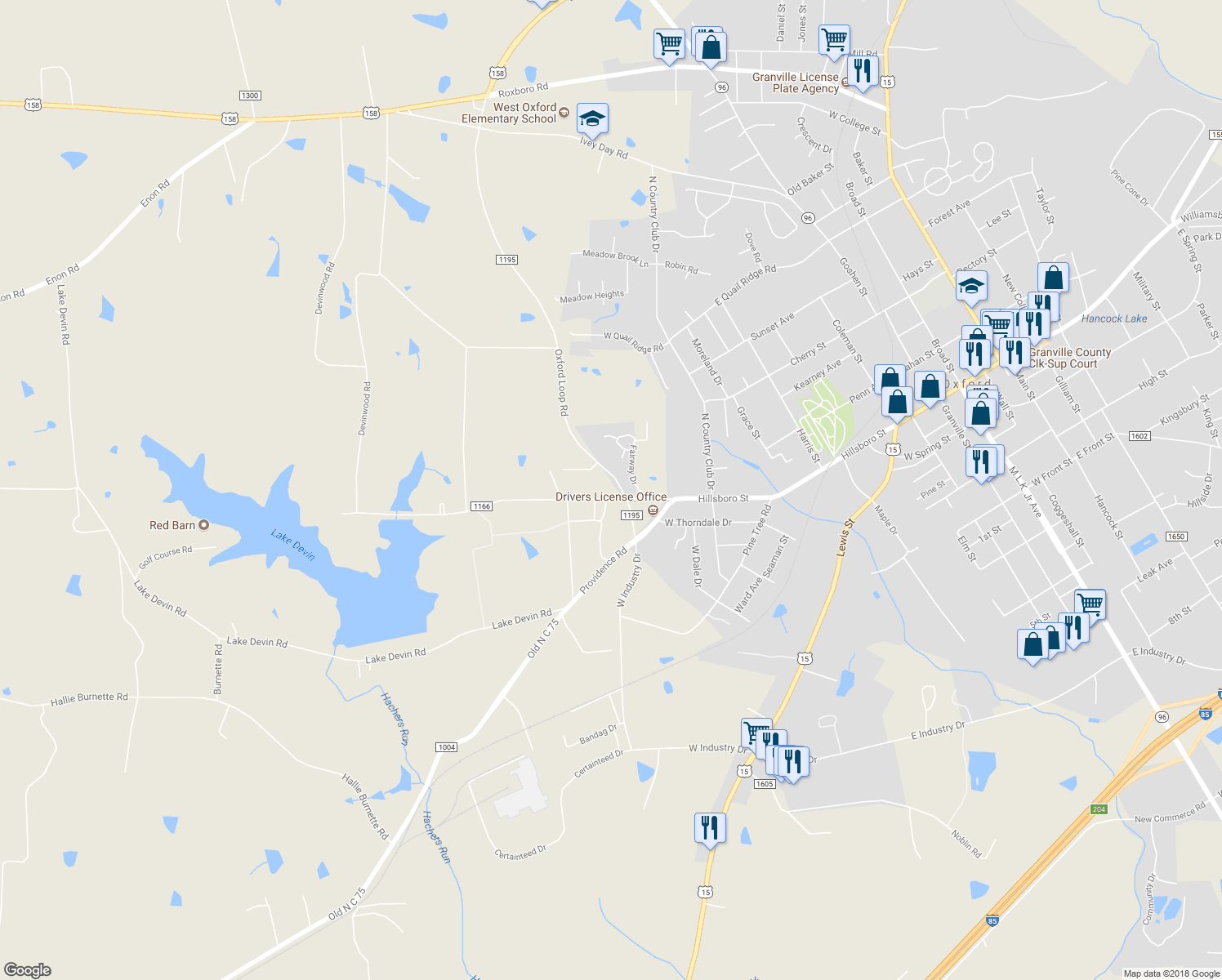 map of restaurants, bars, coffee shops, grocery stores, and more near 900 Hillsboro Street in Oxford