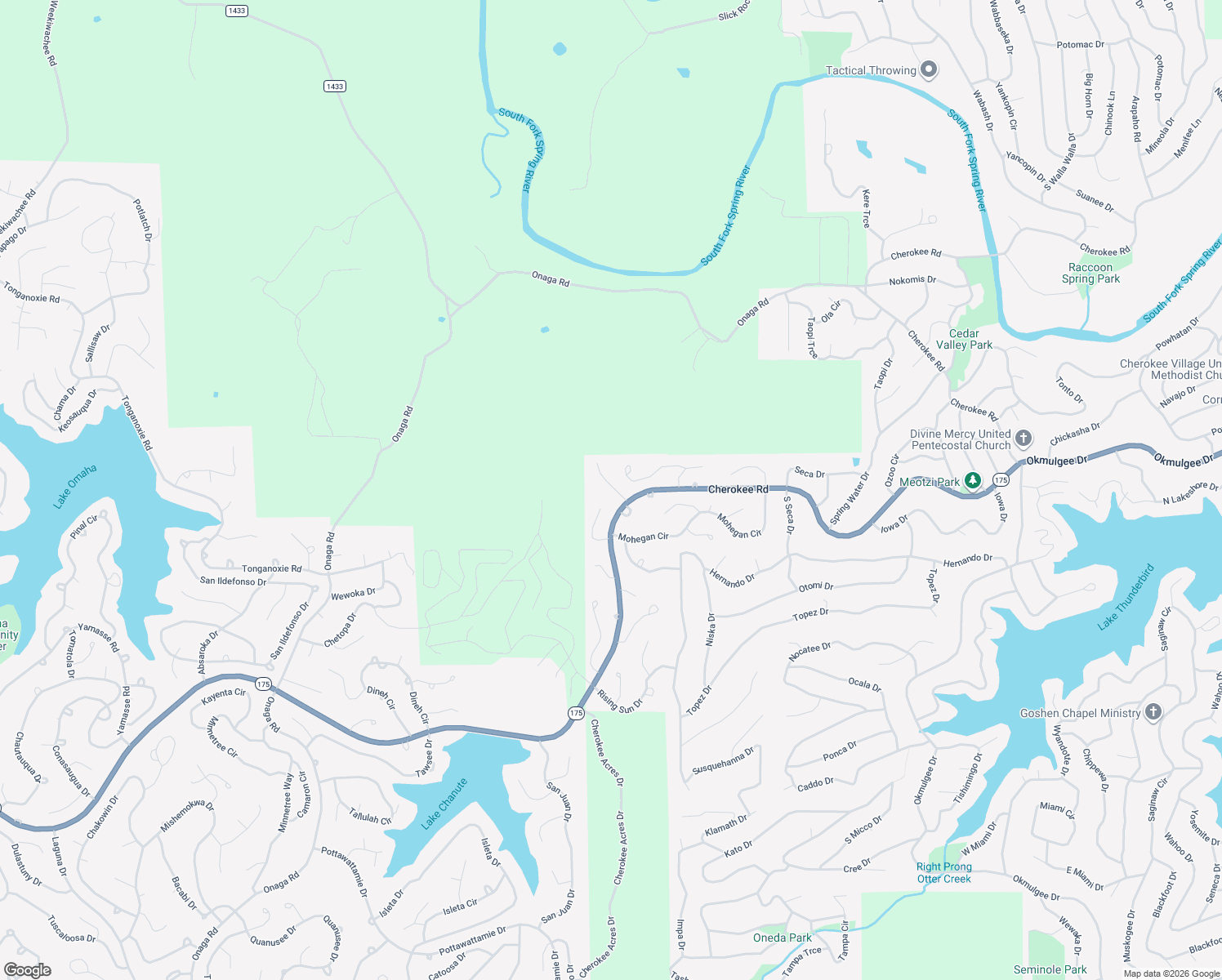 map of restaurants, bars, coffee shops, grocery stores, and more near Menasha Trce in Cherokee Village