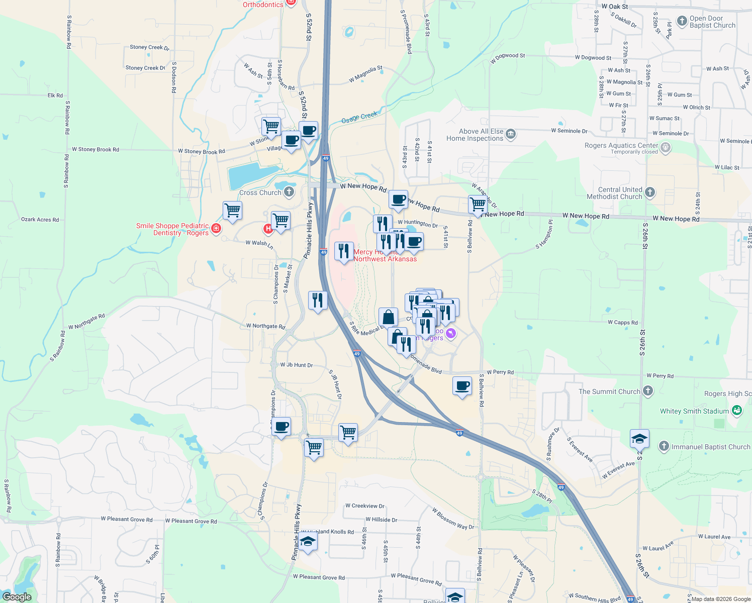 map of restaurants, bars, coffee shops, grocery stores, and more near Razorback Greenway in Rogers