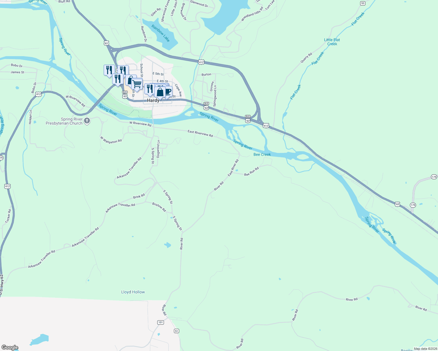 map of restaurants, bars, coffee shops, grocery stores, and more near 166 River Road in Hardy
