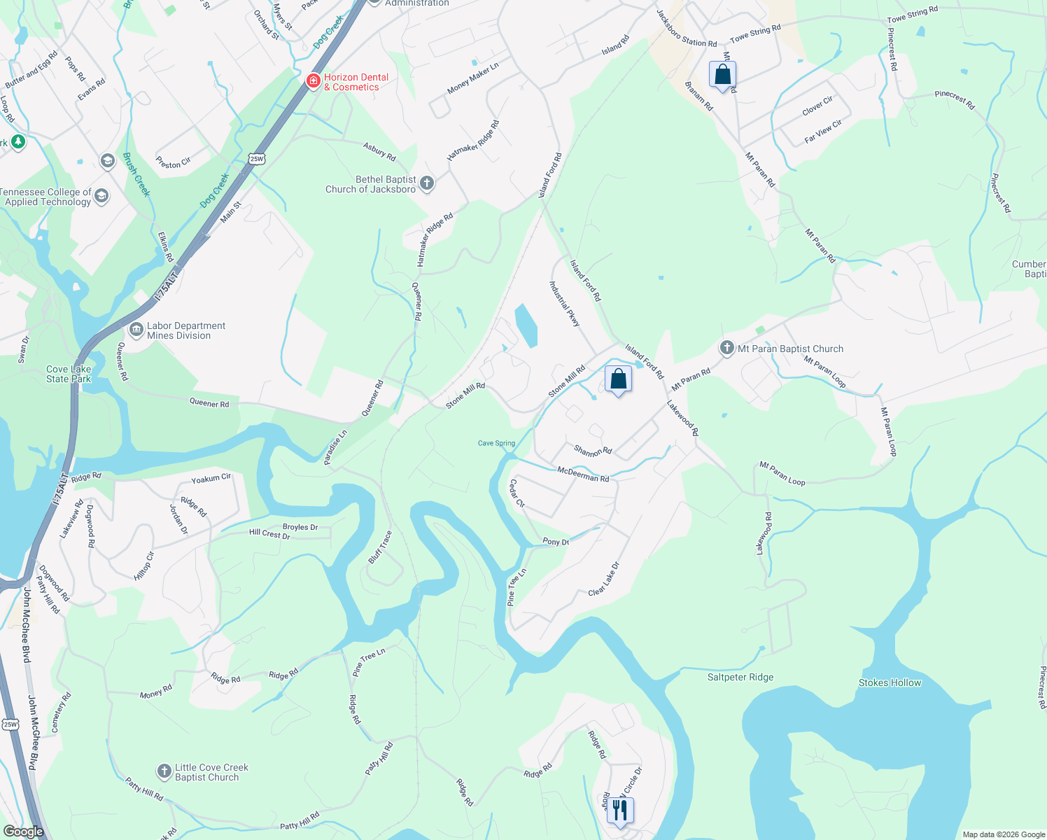 map of restaurants, bars, coffee shops, grocery stores, and more near 380 Stone Mill Road in Jacksboro