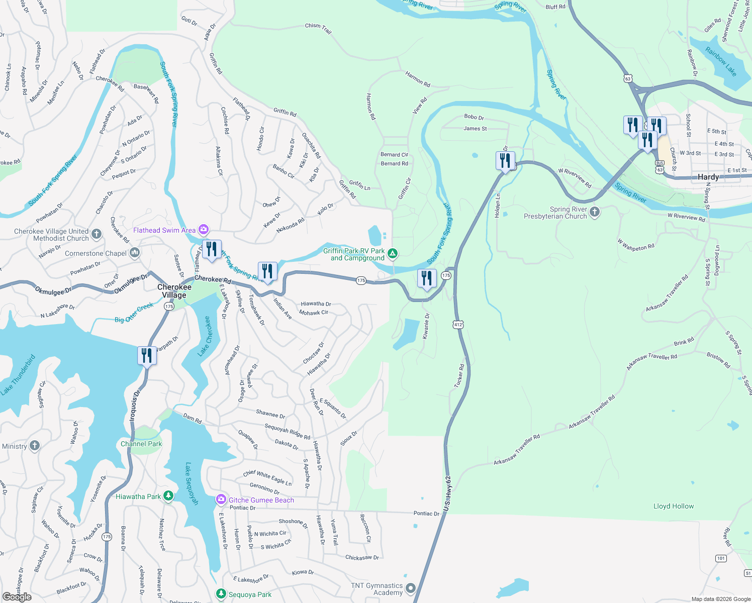 map of restaurants, bars, coffee shops, grocery stores, and more near 2 Deer Run Drive in Cherokee Village