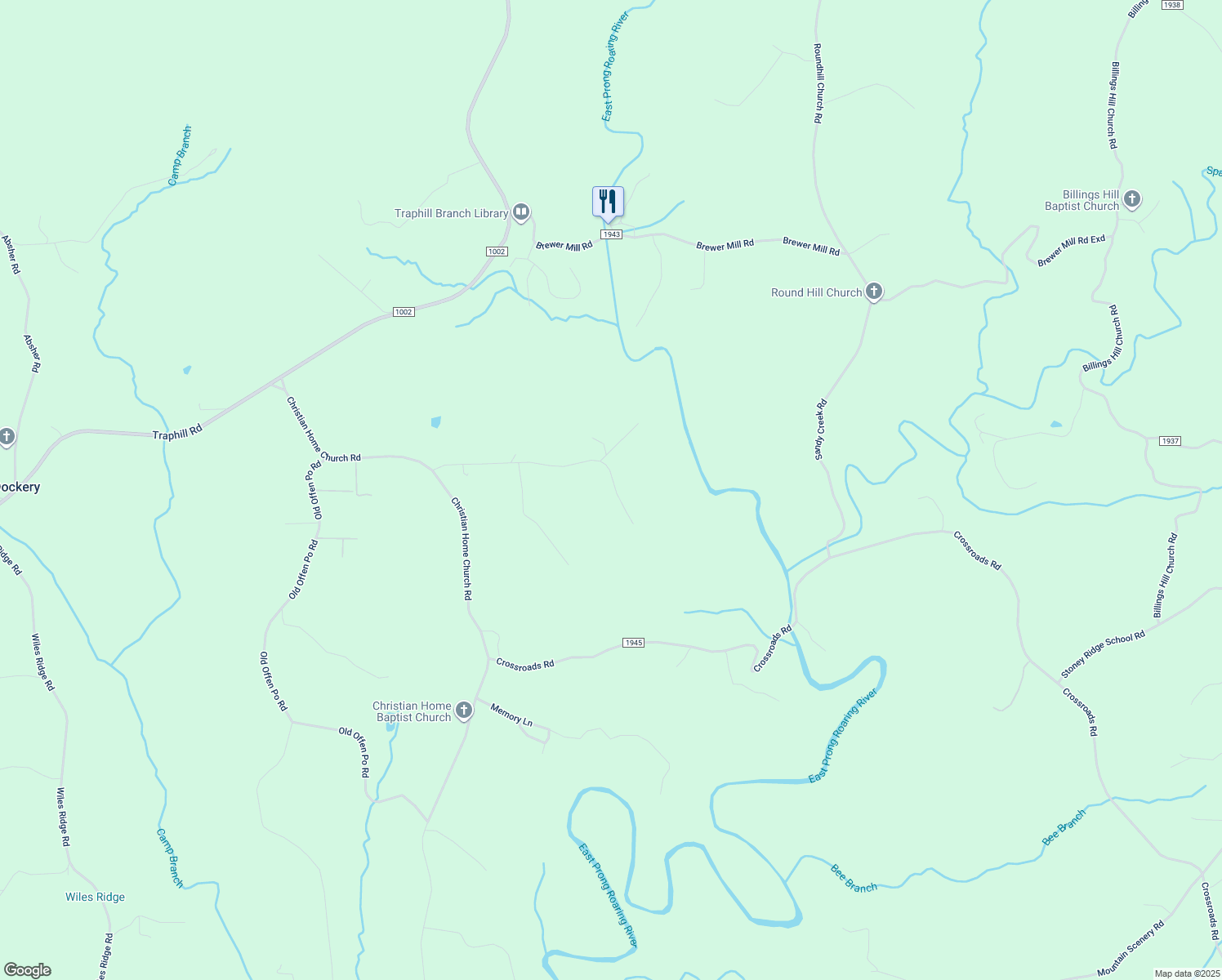 map of restaurants, bars, coffee shops, grocery stores, and more near 522 Happy Corner Road in Traphill
