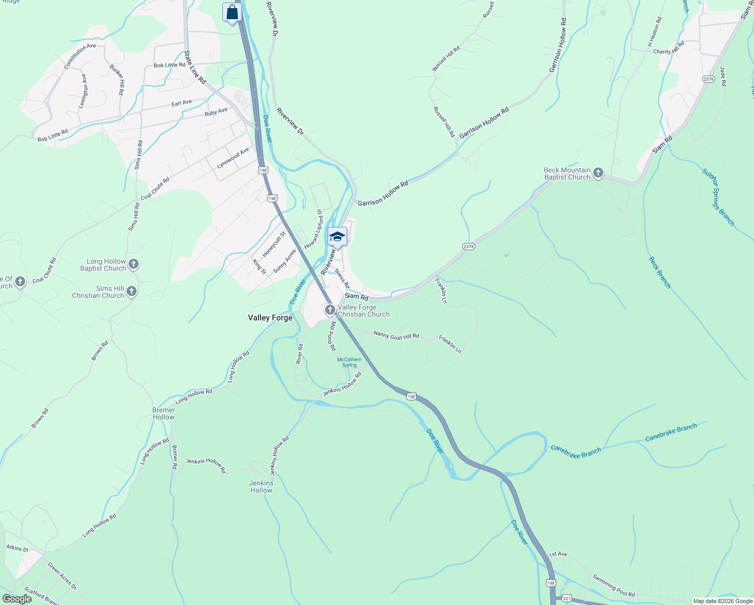 map of restaurants, bars, coffee shops, grocery stores, and more near 3054 Siam Road in Elizabethton