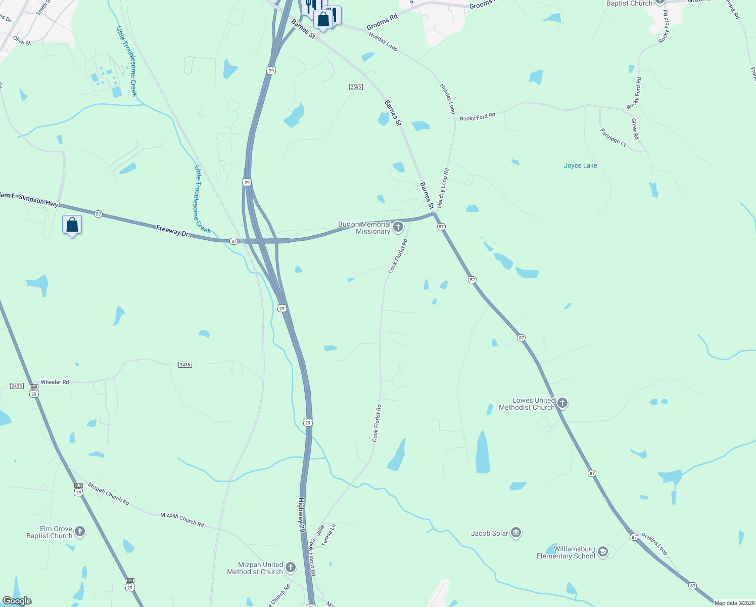 map of restaurants, bars, coffee shops, grocery stores, and more near 380 Cook Florist Road in Reidsville