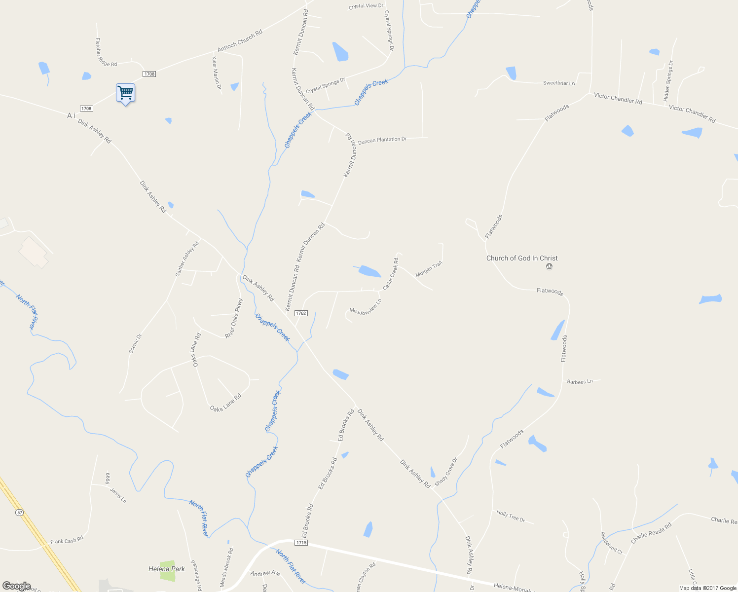 map of restaurants, bars, coffee shops, grocery stores, and more near 454 Cedar Creek Road in Timberlake