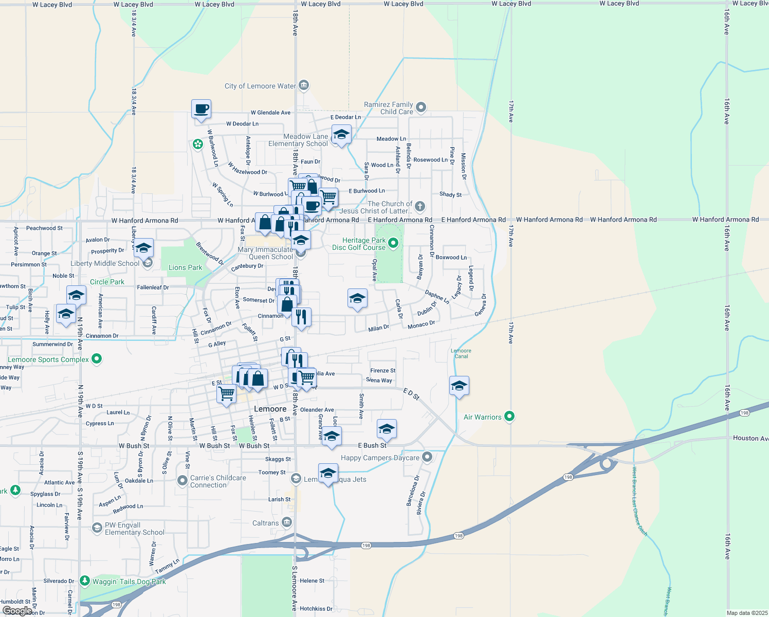map of restaurants, bars, coffee shops, grocery stores, and more near 650 East Cinnamon Drive in Lemoore