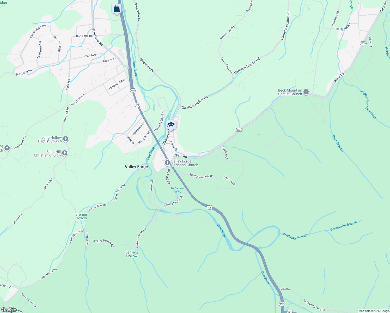 map of restaurants, bars, coffee shops, grocery stores, and more near 3054 Siam Road in Elizabethton