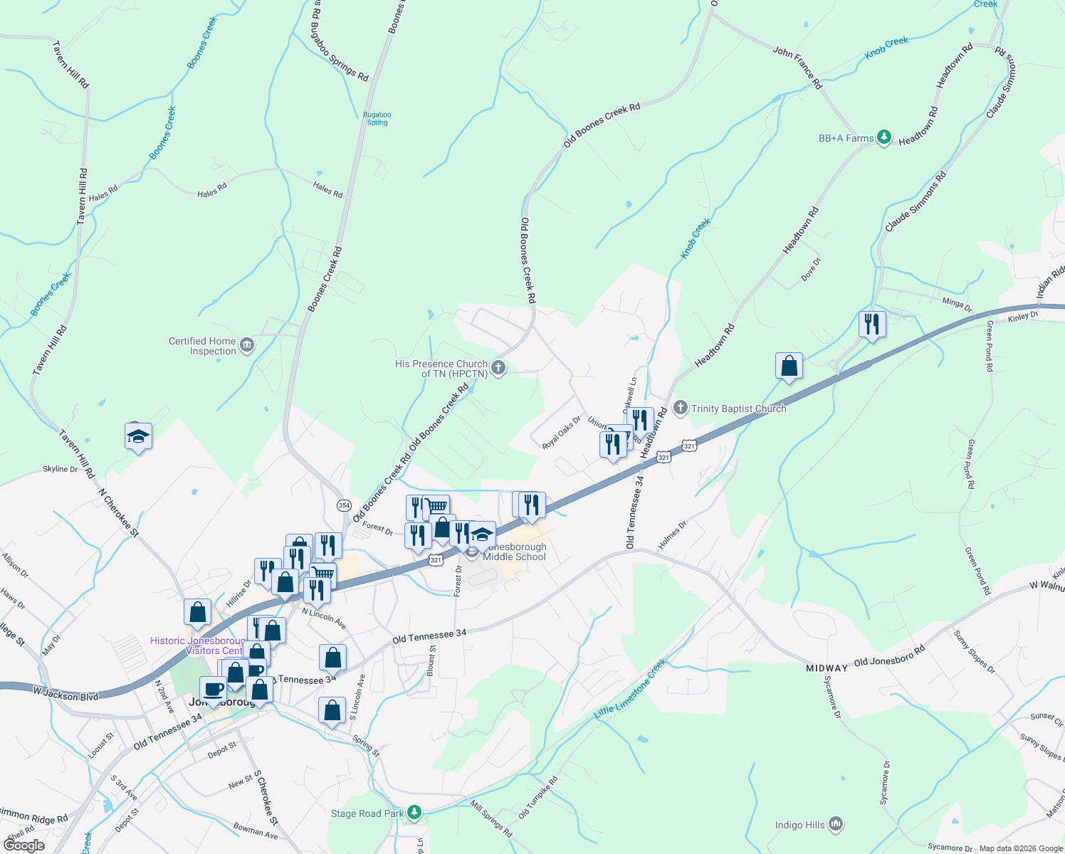 map of restaurants, bars, coffee shops, grocery stores, and more near 138 Royal Oaks Drive in Jonesborough