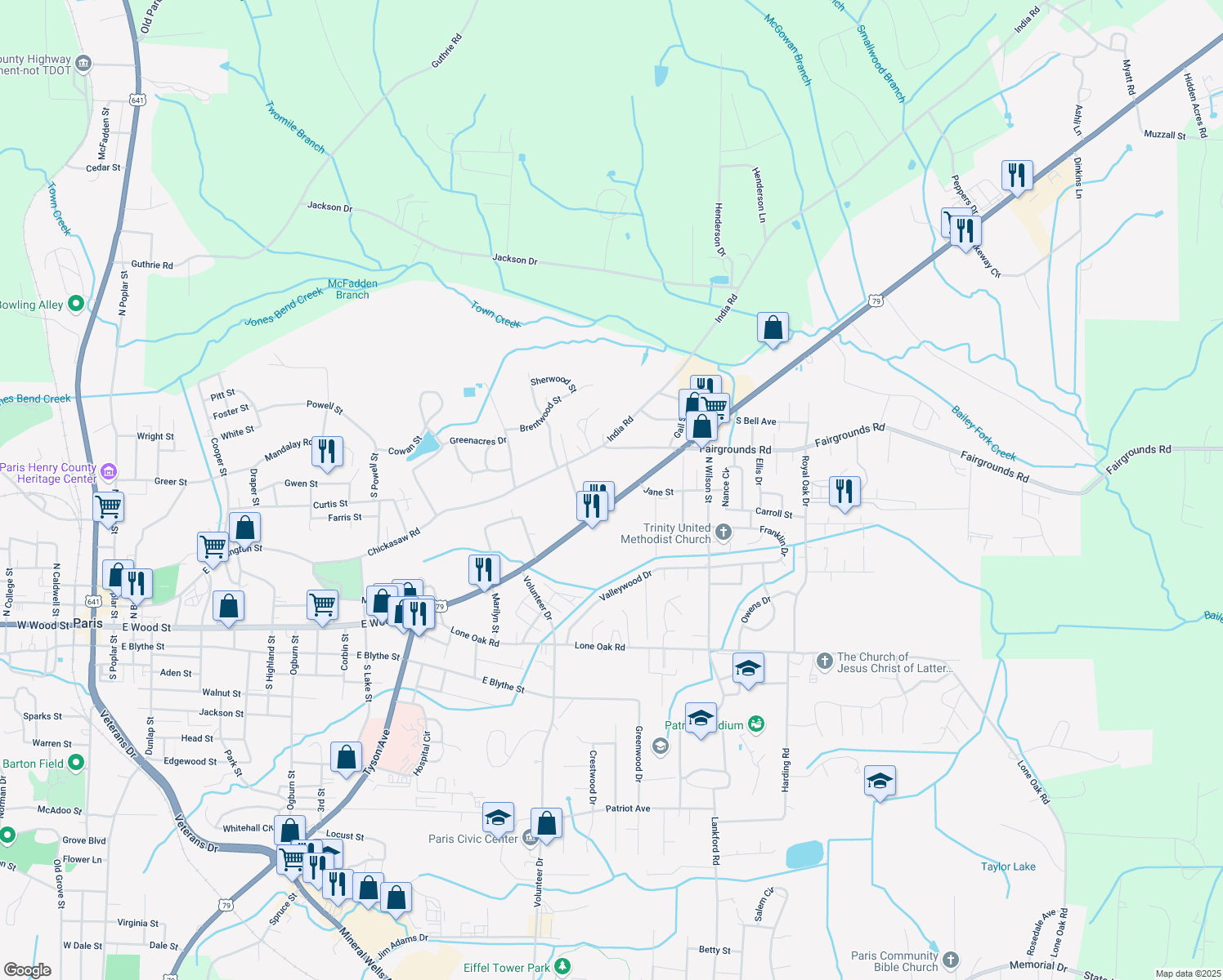 map of restaurants, bars, coffee shops, grocery stores, and more near 1310 East Wood Street in Paris