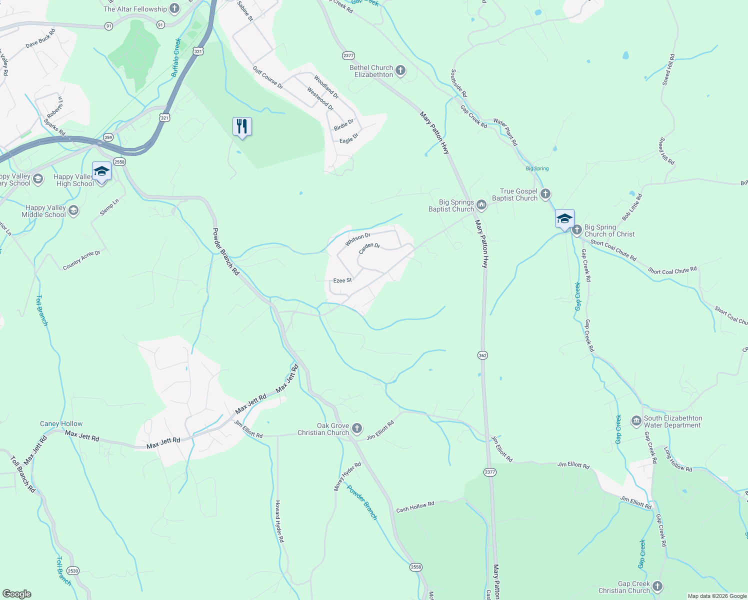 map of restaurants, bars, coffee shops, grocery stores, and more near 311 Big Springs Road in Elizabethton