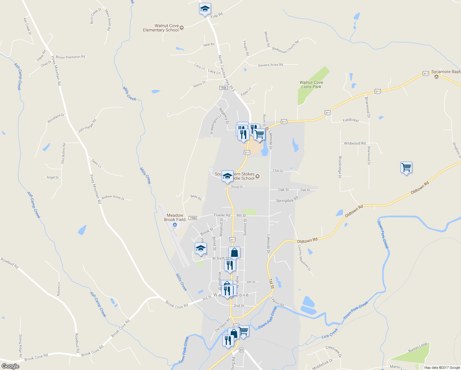 map of restaurants, bars, coffee shops, grocery stores, and more near 104 Smith Street in Walnut Cove