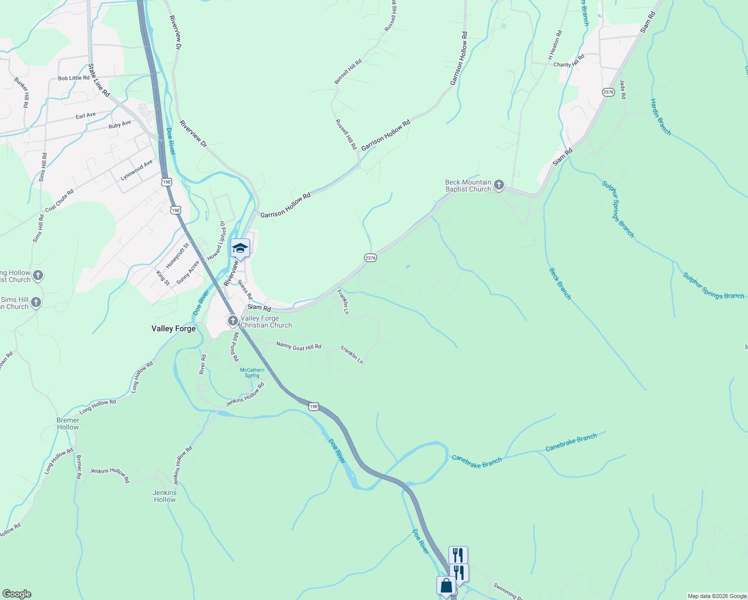 map of restaurants, bars, coffee shops, grocery stores, and more near 206 Franklin Lane in Elizabethton