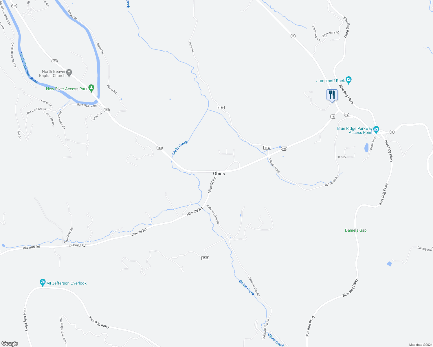 map of restaurants, bars, coffee shops, grocery stores, and more near 134 Idlewild Road in West Jefferson