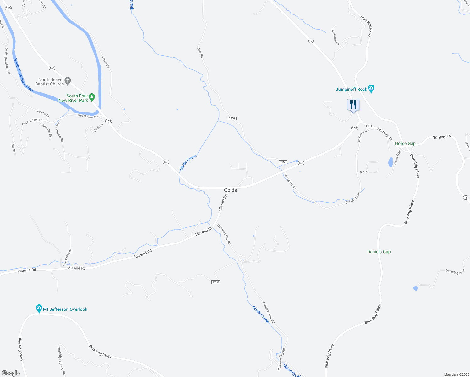 map of restaurants, bars, coffee shops, grocery stores, and more near 134 Idlewild Road in West Jefferson