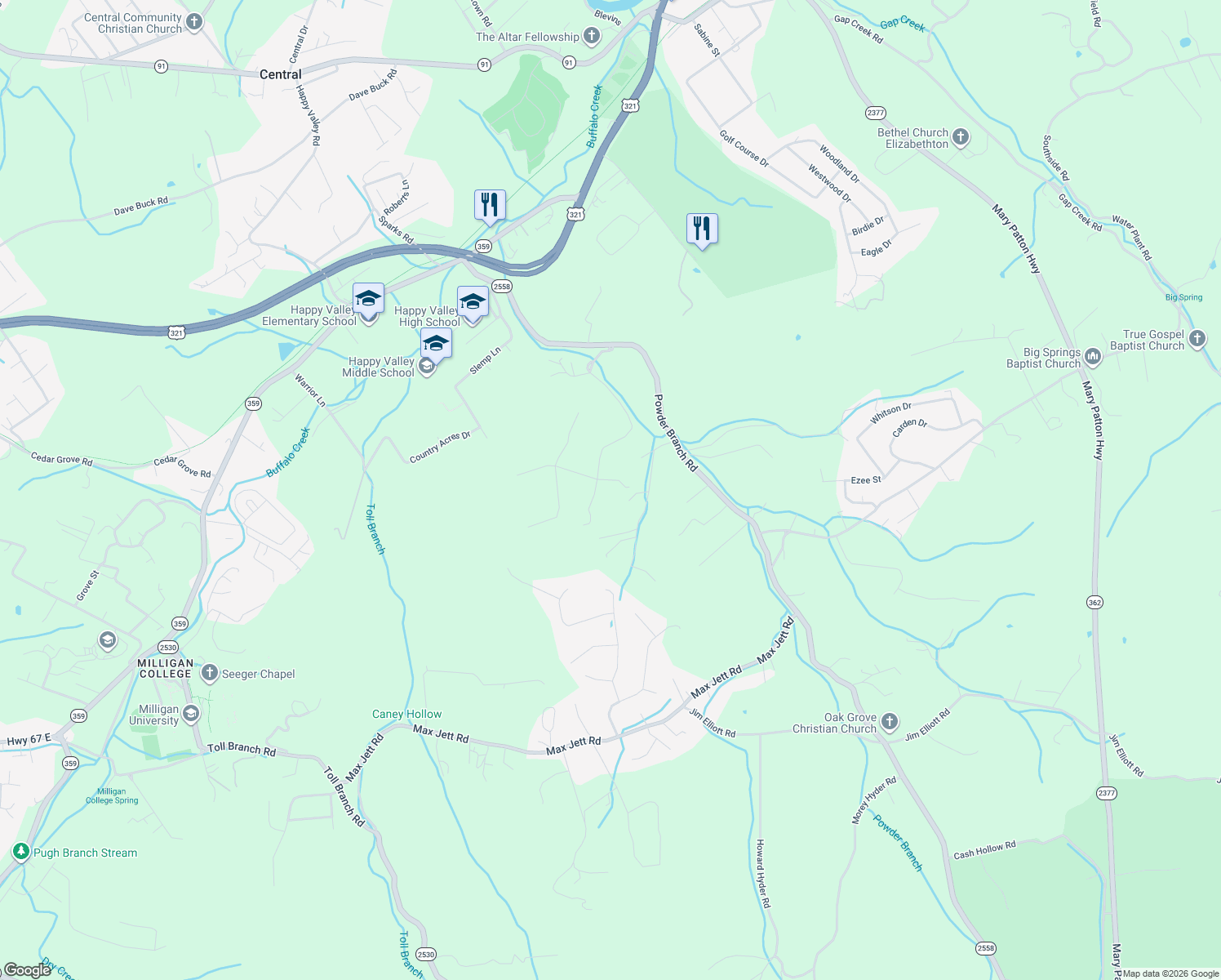 map of restaurants, bars, coffee shops, grocery stores, and more near 2506 Beechwood Drive in Elizabethton