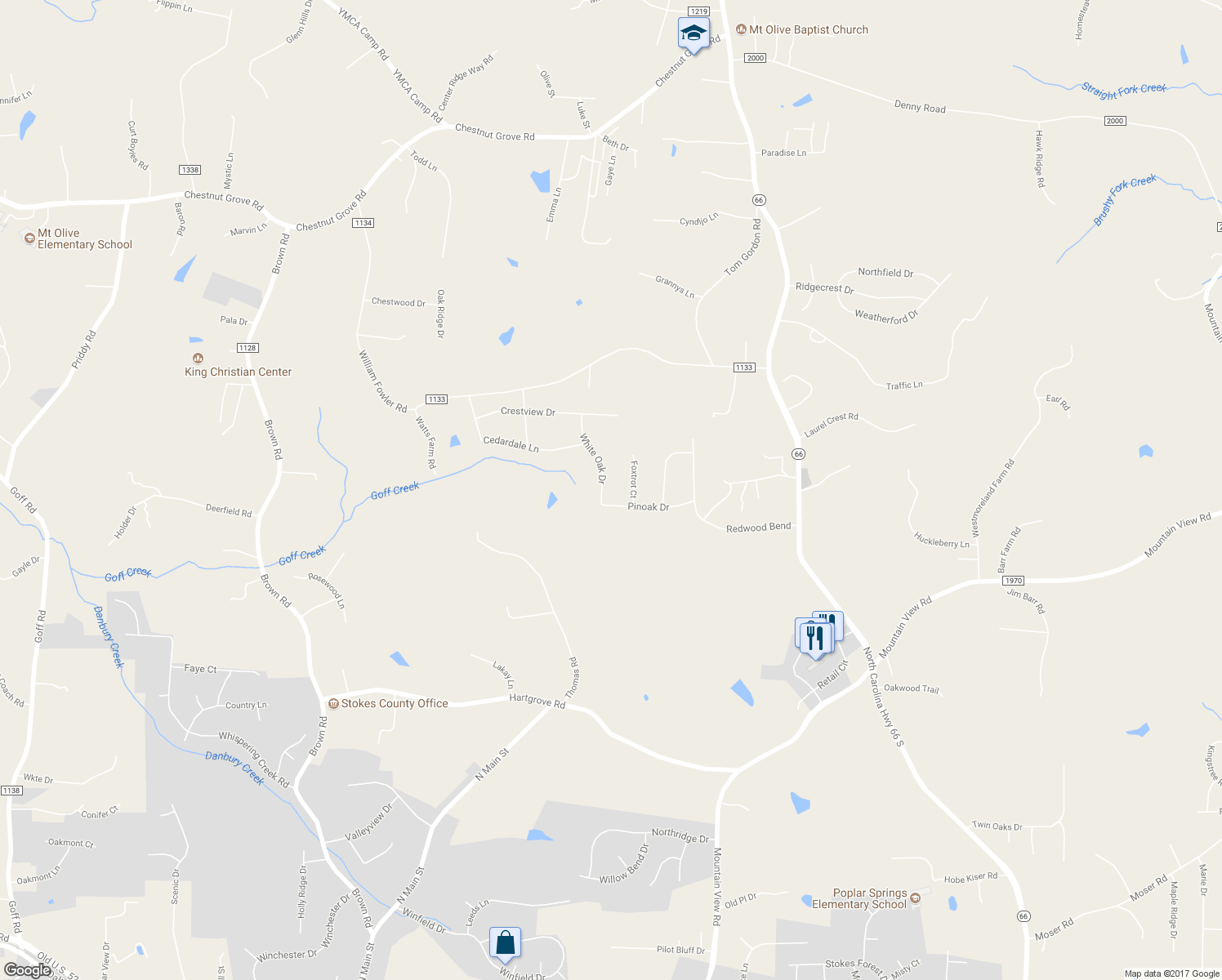 map of restaurants, bars, coffee shops, grocery stores, and more near 112 White Oak Drive in King