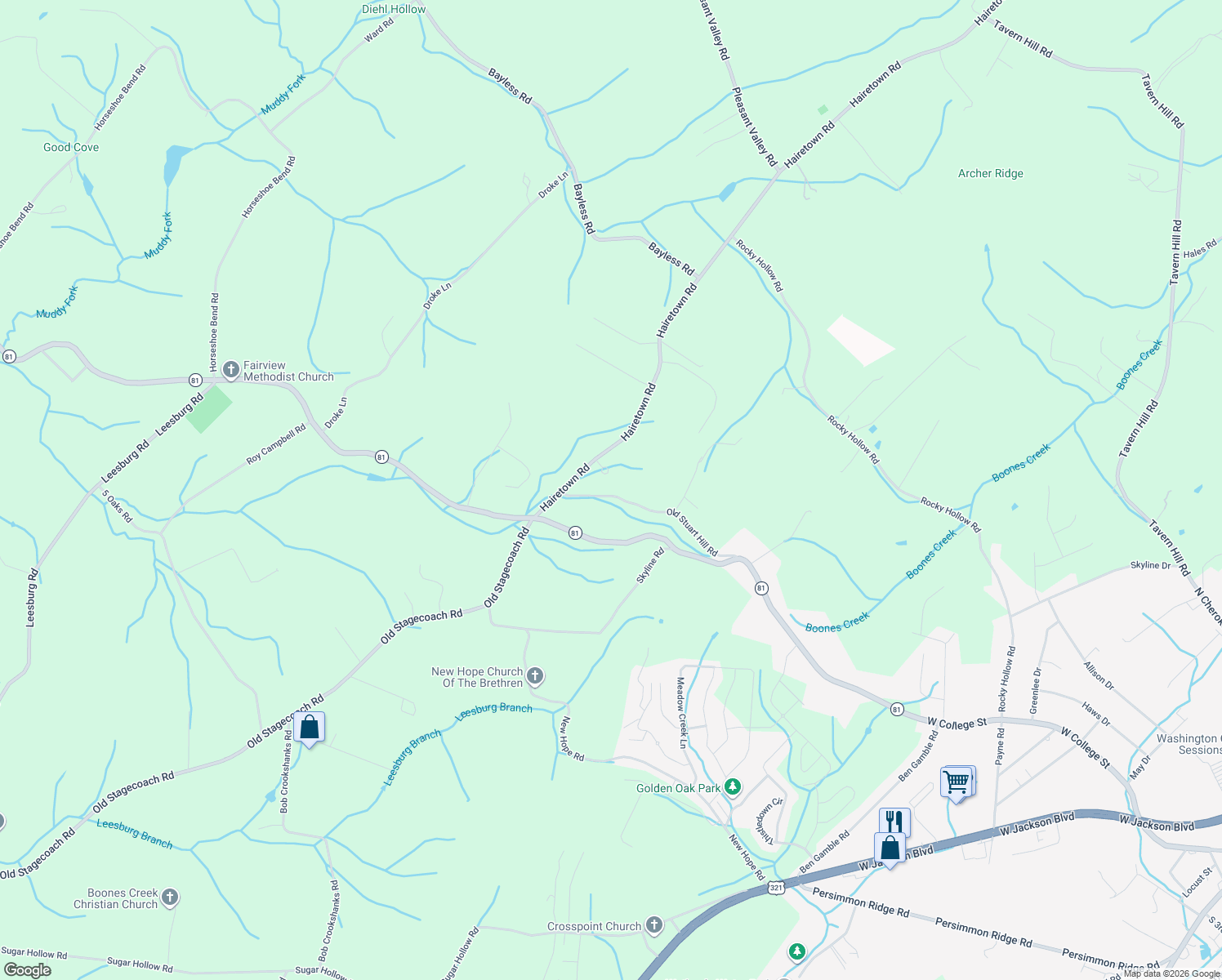 map of restaurants, bars, coffee shops, grocery stores, and more near 103 Jackson Park in Jonesborough