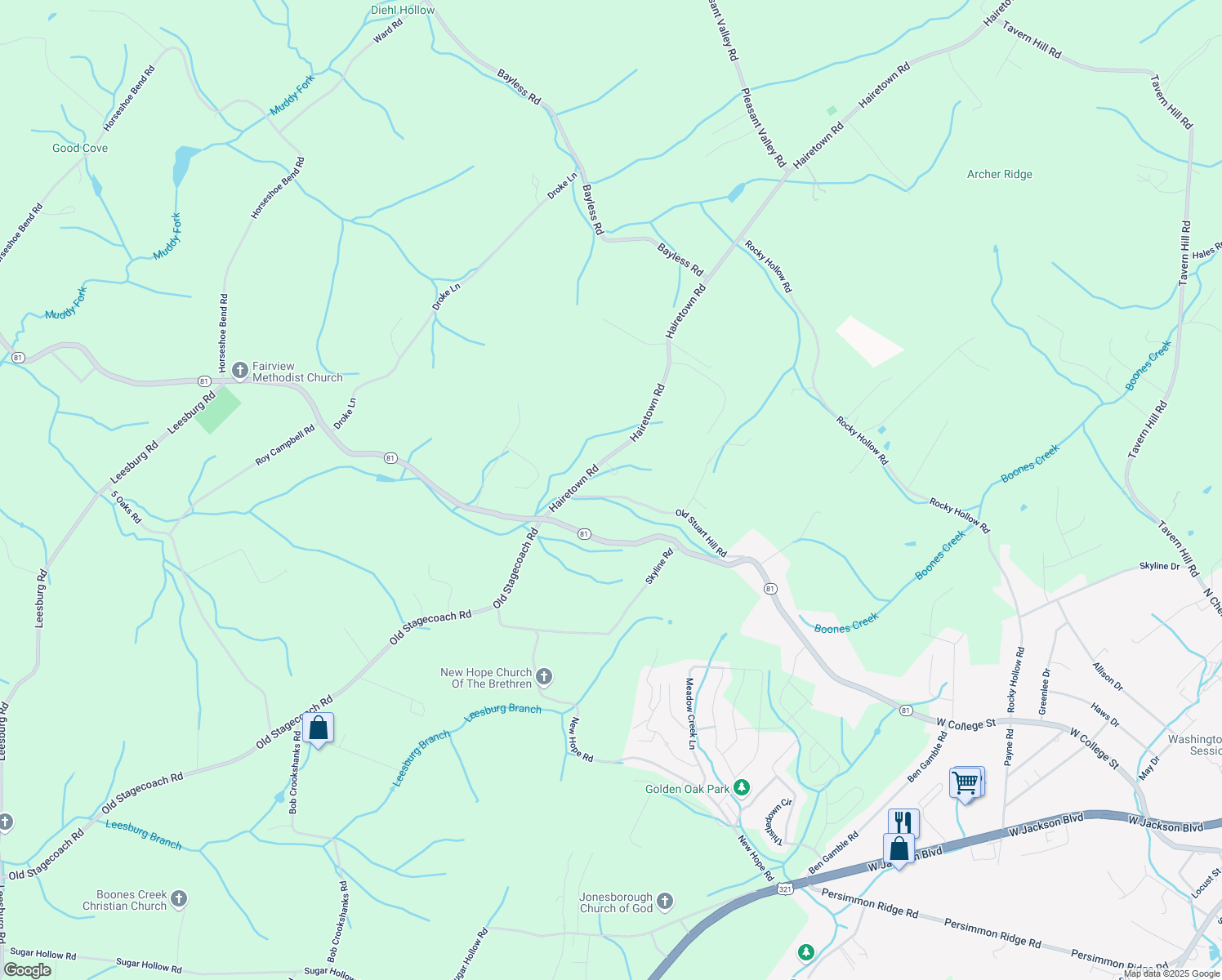 map of restaurants, bars, coffee shops, grocery stores, and more near 103 Jackson Park in Jonesborough