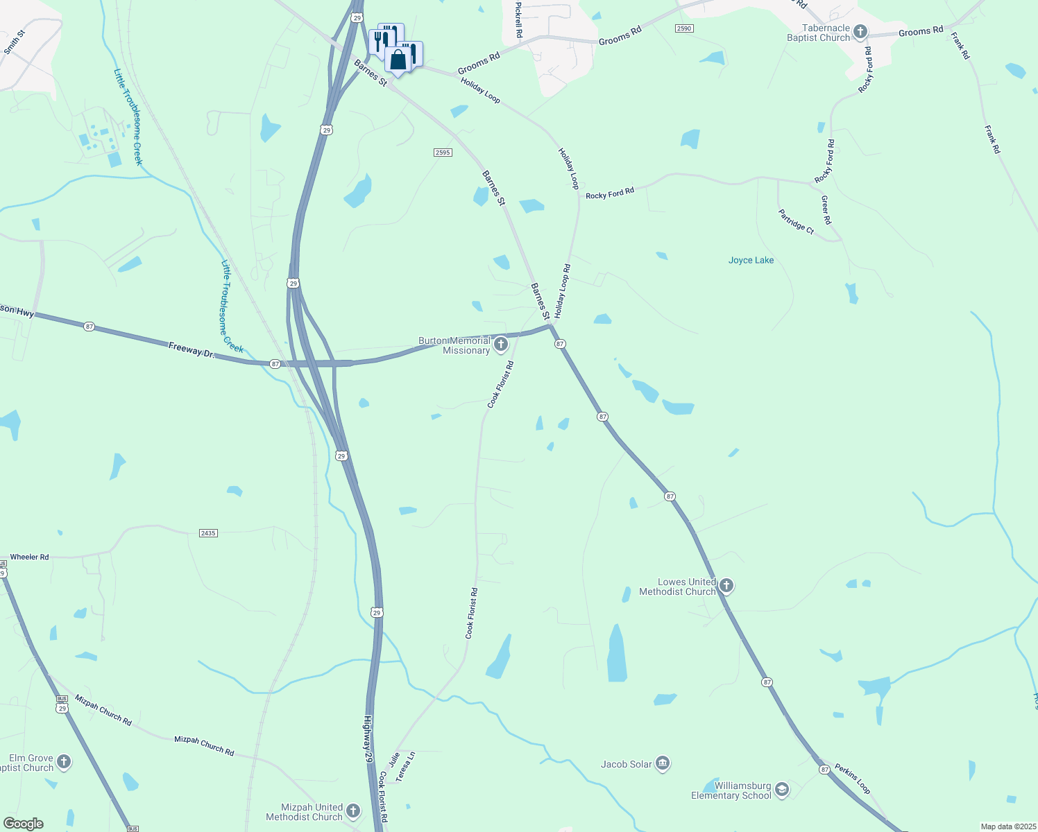map of restaurants, bars, coffee shops, grocery stores, and more near 313 Cook Florist Road in Reidsville