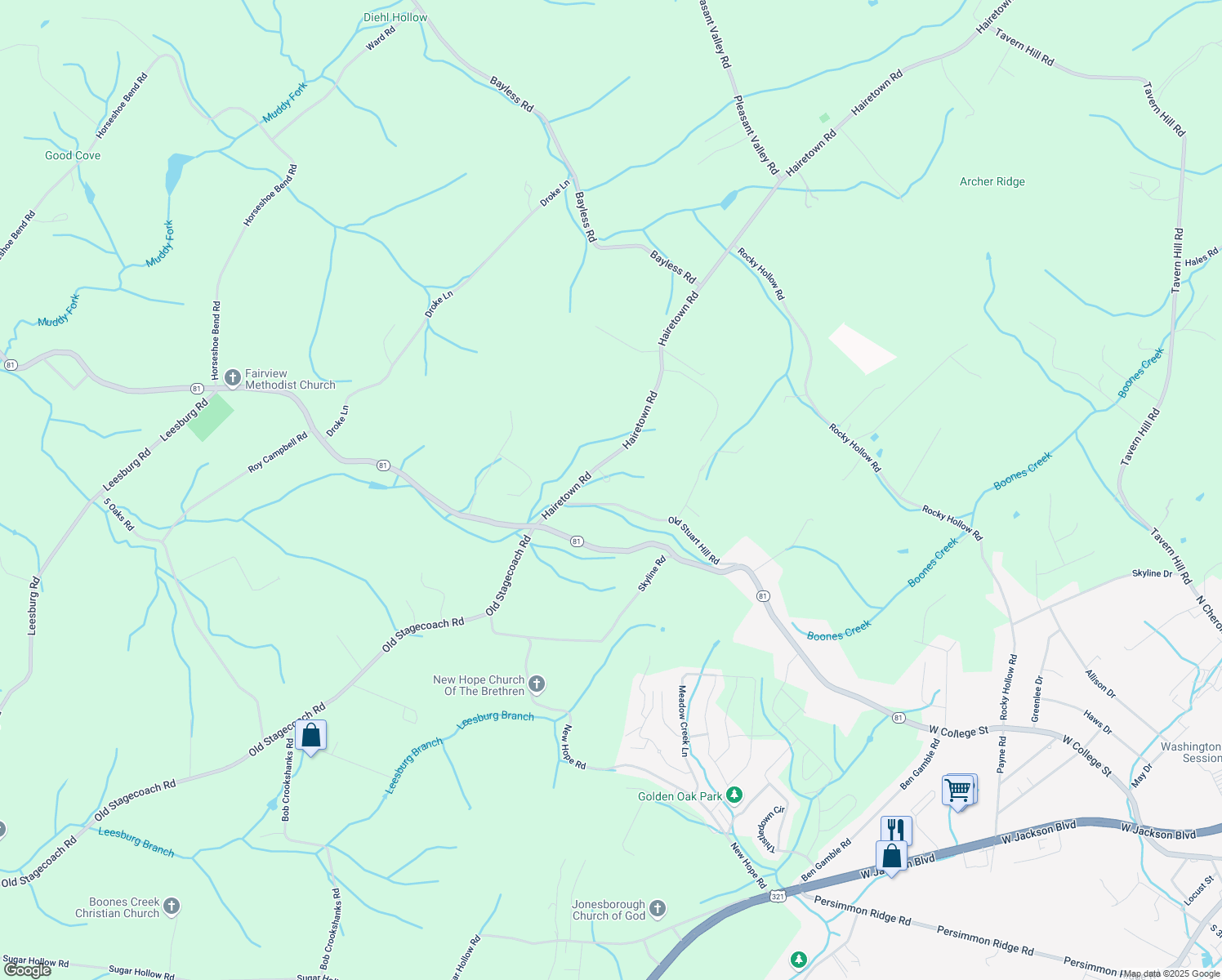 map of restaurants, bars, coffee shops, grocery stores, and more near 103 Jackson Park in Jonesborough