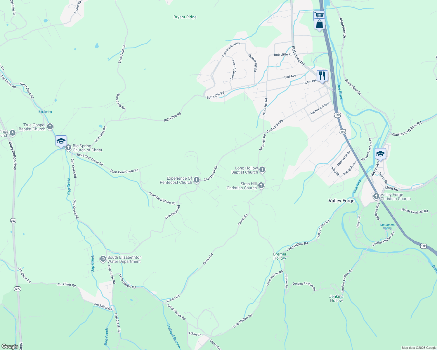 map of restaurants, bars, coffee shops, grocery stores, and more near 343 Coal Chute Road in Elizabethton