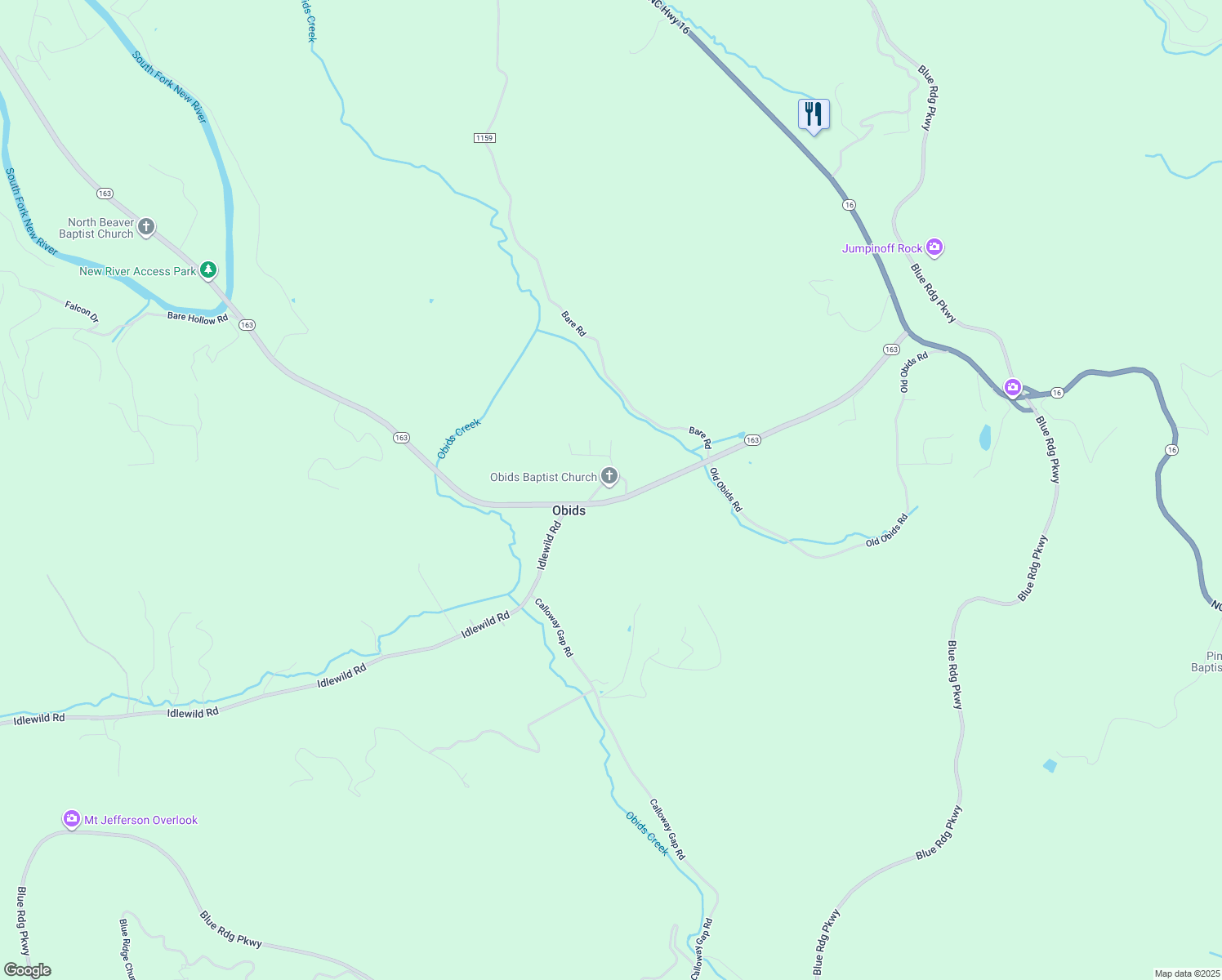 map of restaurants, bars, coffee shops, grocery stores, and more near 194 Obids Baptist Church Road in West Jefferson