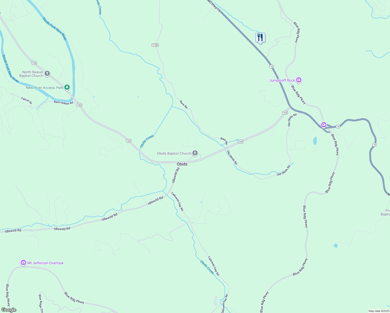 map of restaurants, bars, coffee shops, grocery stores, and more near 194 Obids Baptist Church Road in West Jefferson