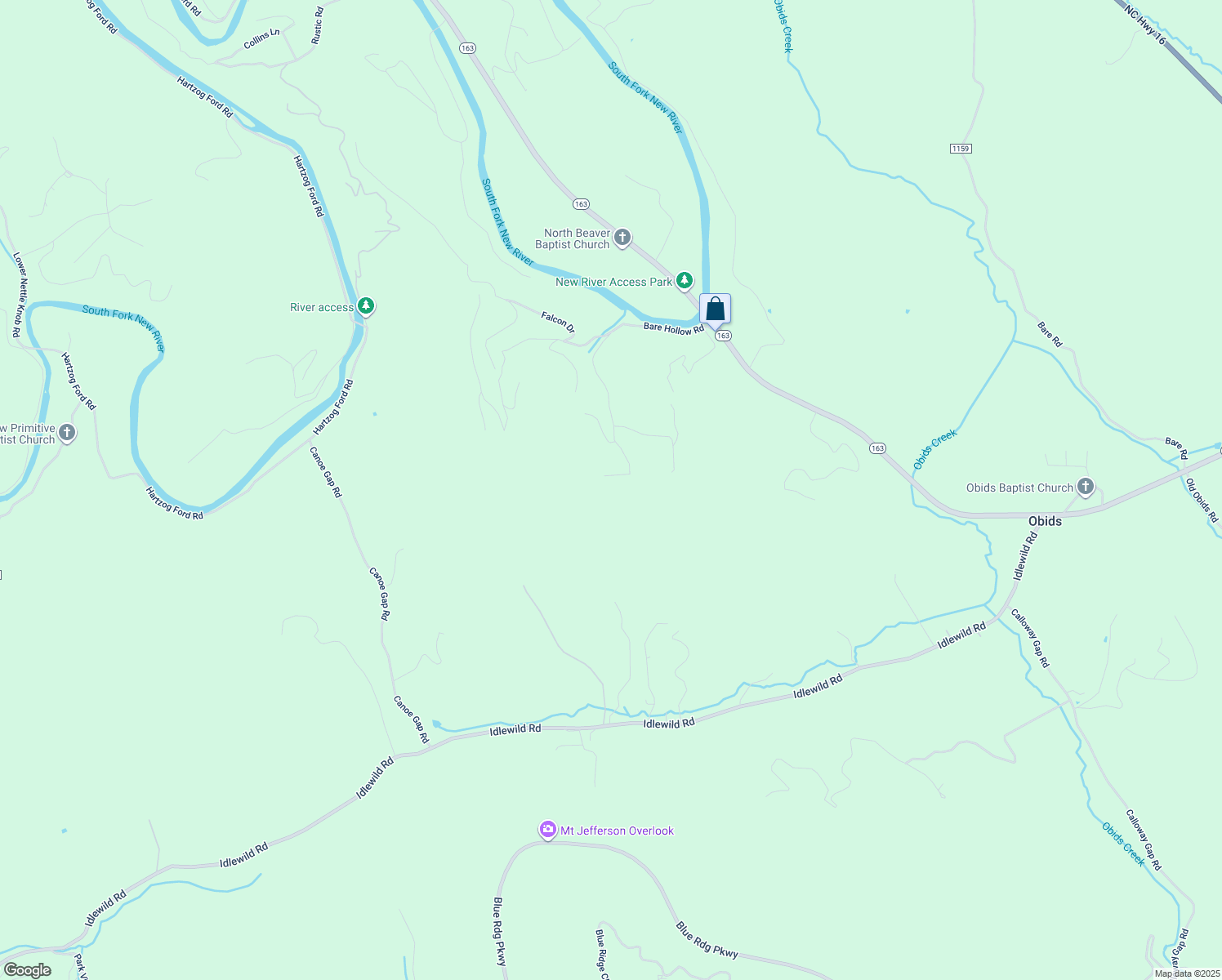 map of restaurants, bars, coffee shops, grocery stores, and more near West Bare Hollow Road in Ashe County