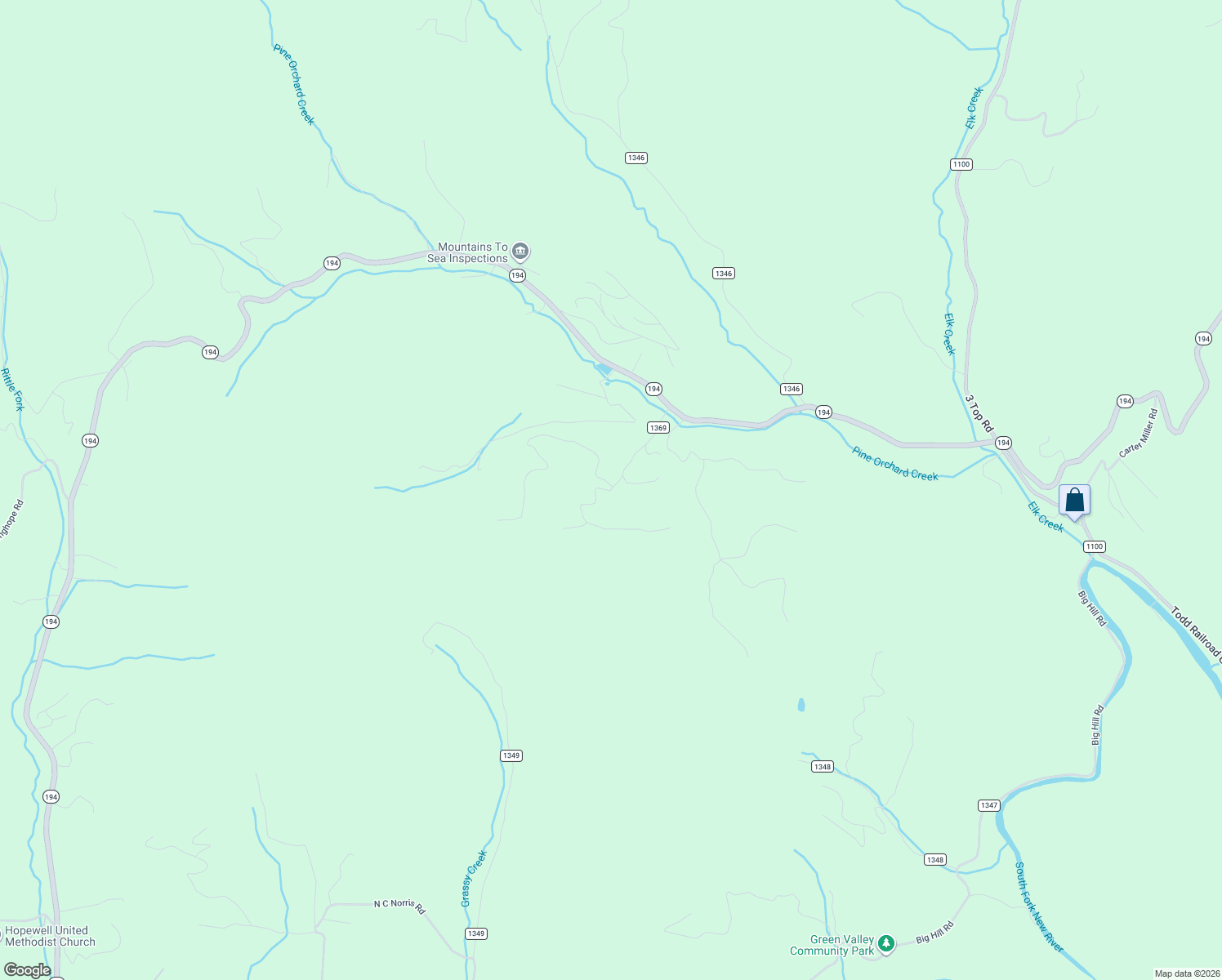 map of restaurants, bars, coffee shops, grocery stores, and more near Creek Crossing Drive in Watauga County