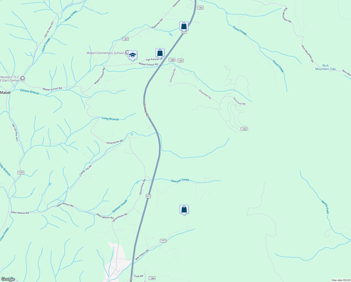 map of restaurants, bars, coffee shops, grocery stores, and more near 11084 U.S. 421 in Zionville
