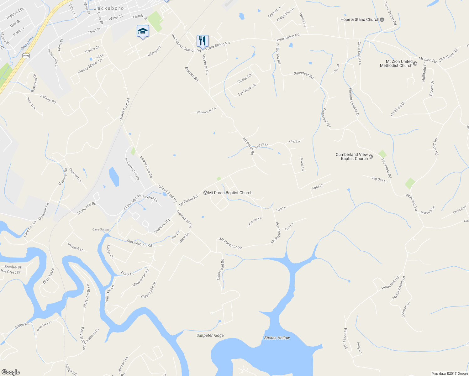 map of restaurants, bars, coffee shops, grocery stores, and more near 150 Mount Paran Loop in Jacksboro