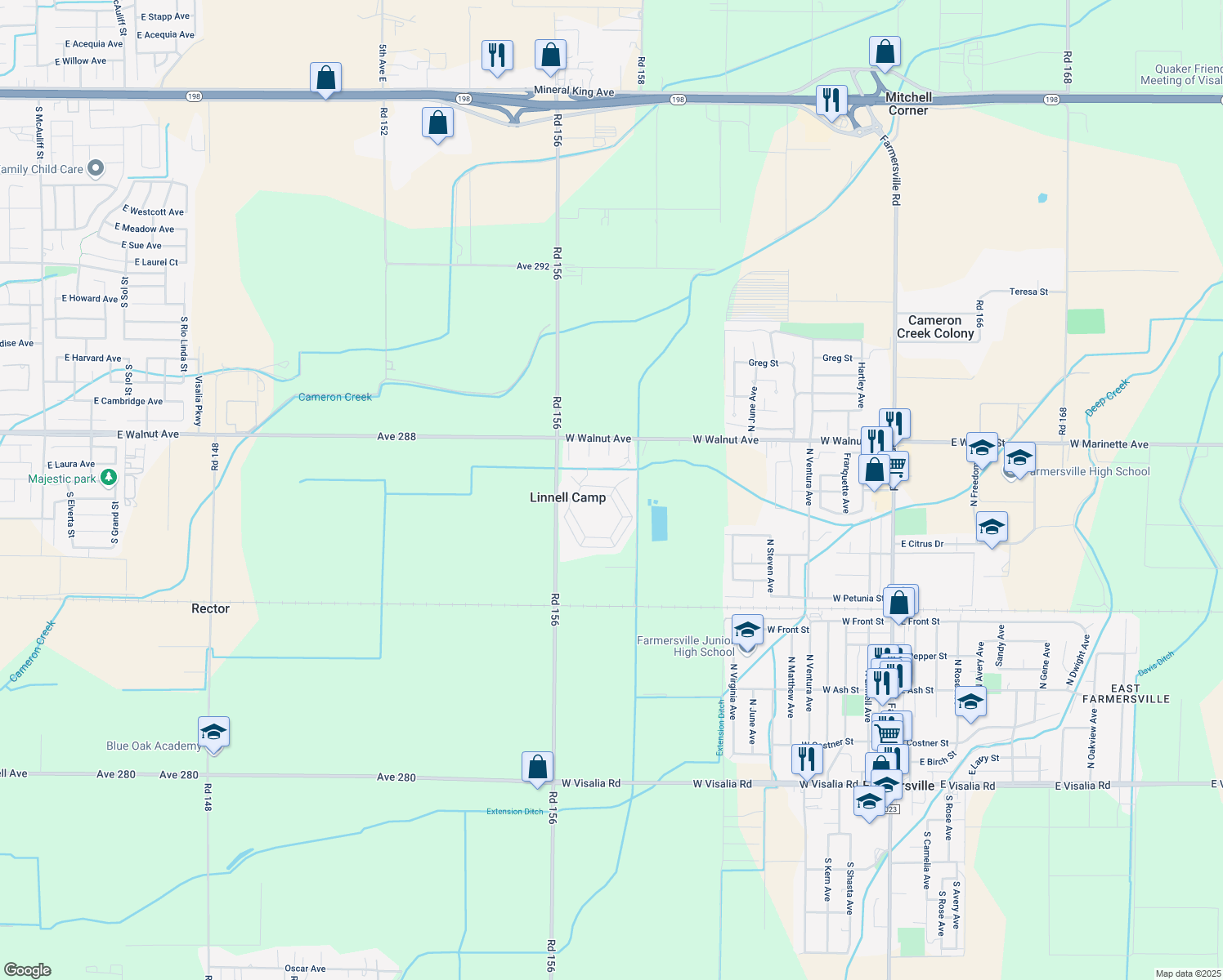 map of restaurants, bars, coffee shops, grocery stores, and more near 502 Outer Drive in Visalia