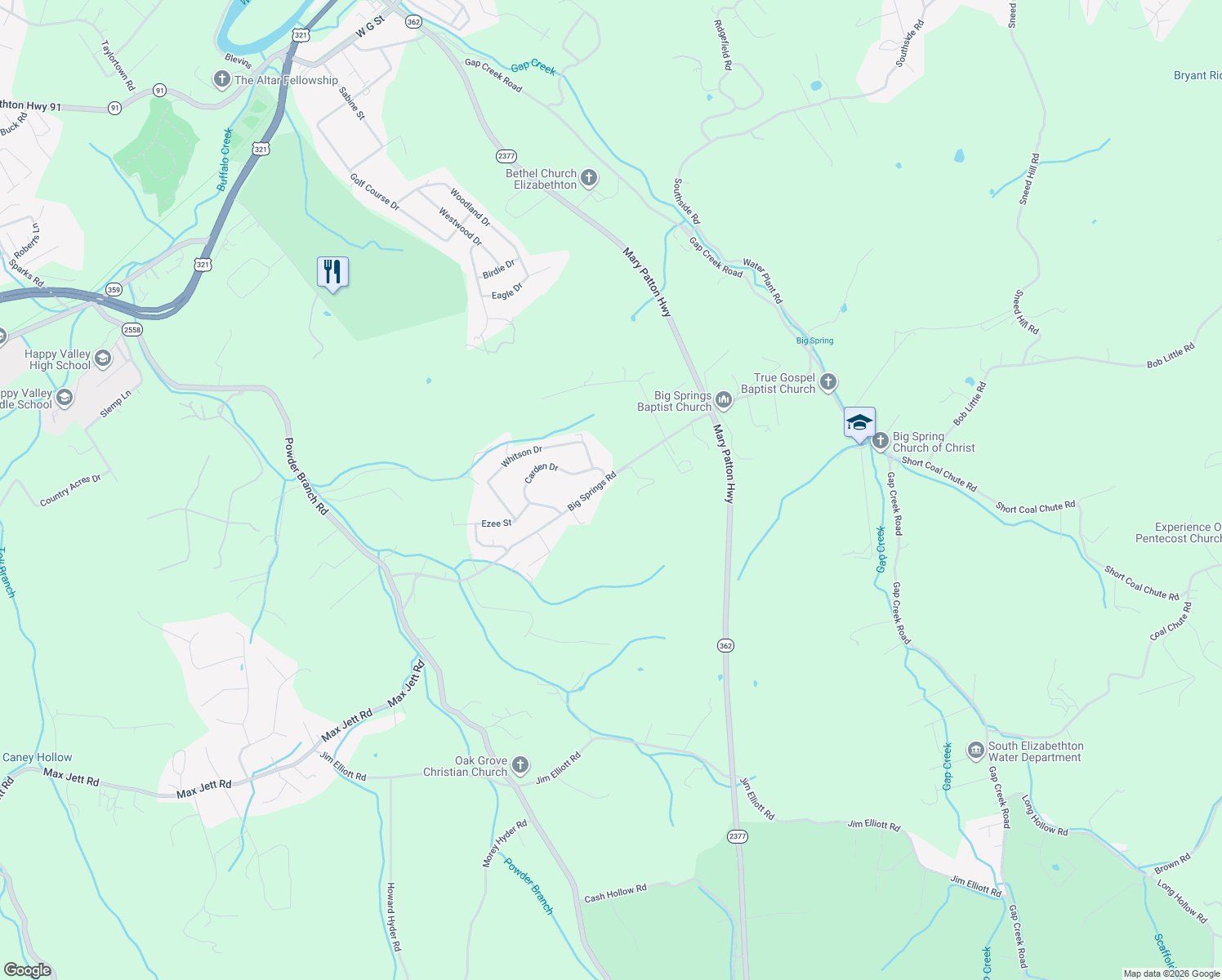 map of restaurants, bars, coffee shops, grocery stores, and more near 263 Big Springs Road in Elizabethton