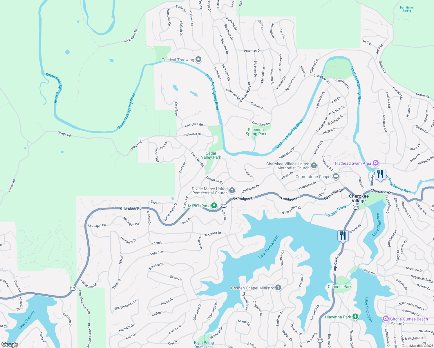 map of restaurants, bars, coffee shops, grocery stores, and more near 4 Tonto Dr in Cherokee Village